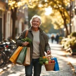 Persoon van middelbare leeftijd wandelt met boodschappentassen door Amsterdamse straat met klinkers en fietsen.