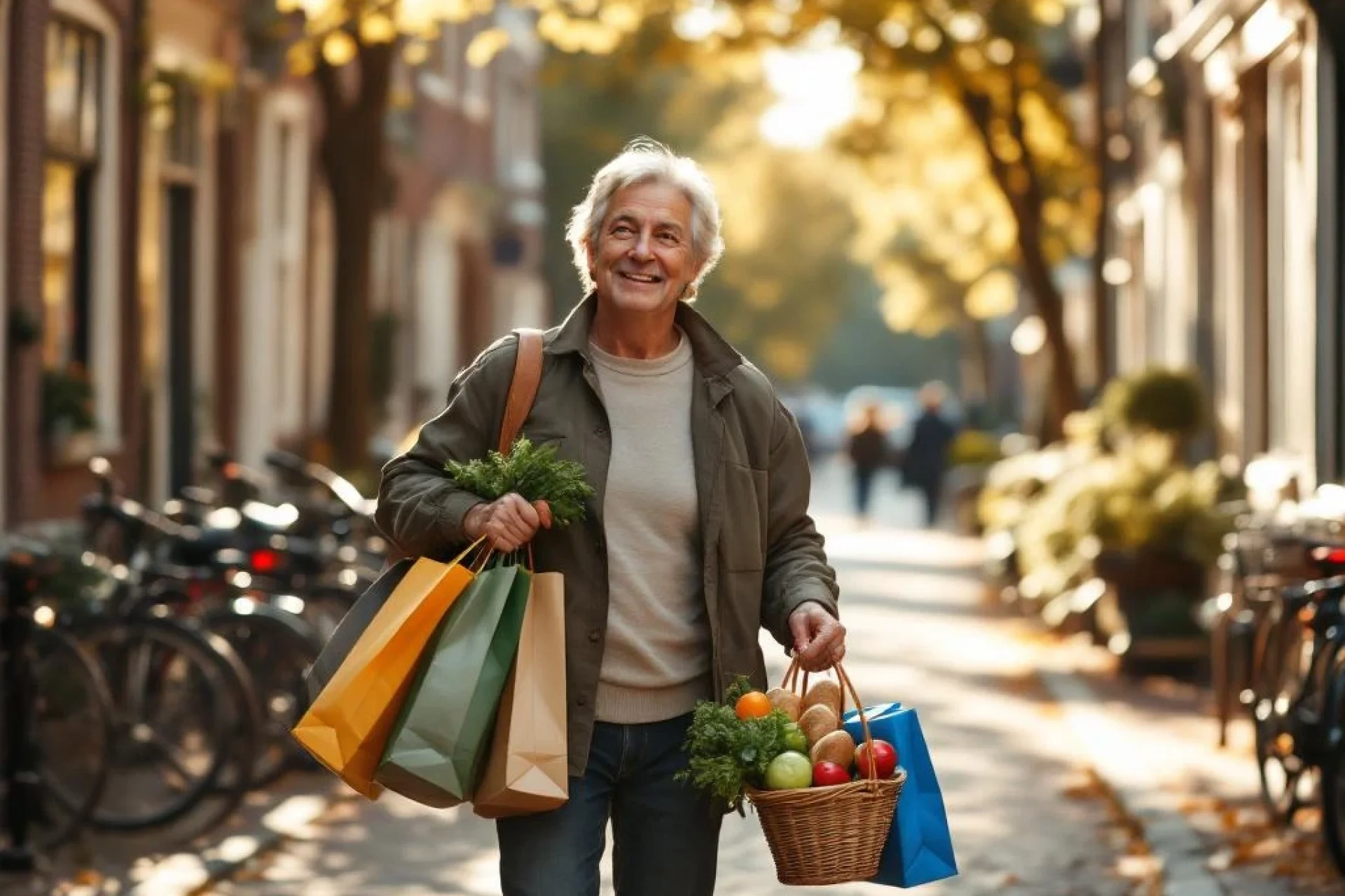 Persoon van middelbare leeftijd wandelt met boodschappentassen door Amsterdamse straat met klinkers en fietsen.