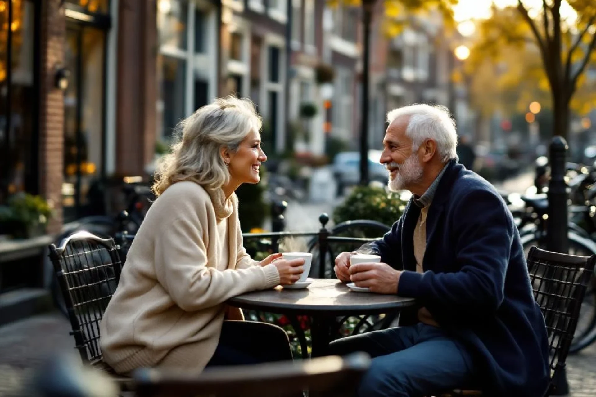 Elegant paar in de zestig geniet van koffie aan Amsterdamse gracht met historische gebouwen en fietsen