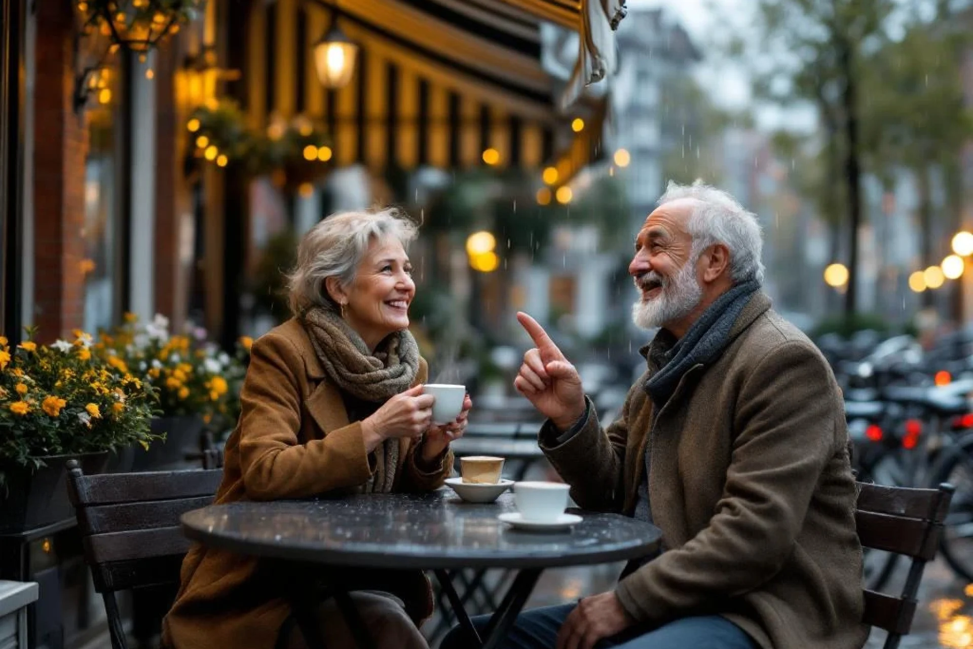 Stel in hun jaren 60 geniet van koffie onder luifel tijdens regen op Amsterdams terras met historische gevels