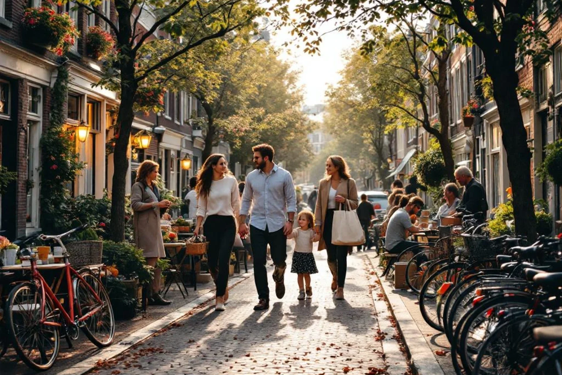 Drukke Nederlandse gracht met traditionele bakstenen gebouwen, mensen wandelen en fietsen op kinderkopjes