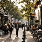 Diverse mensen wandelen, fietsen en ontspannen langs een drukke Amsterdamse gracht met traditionele bakstenen gebouwen.