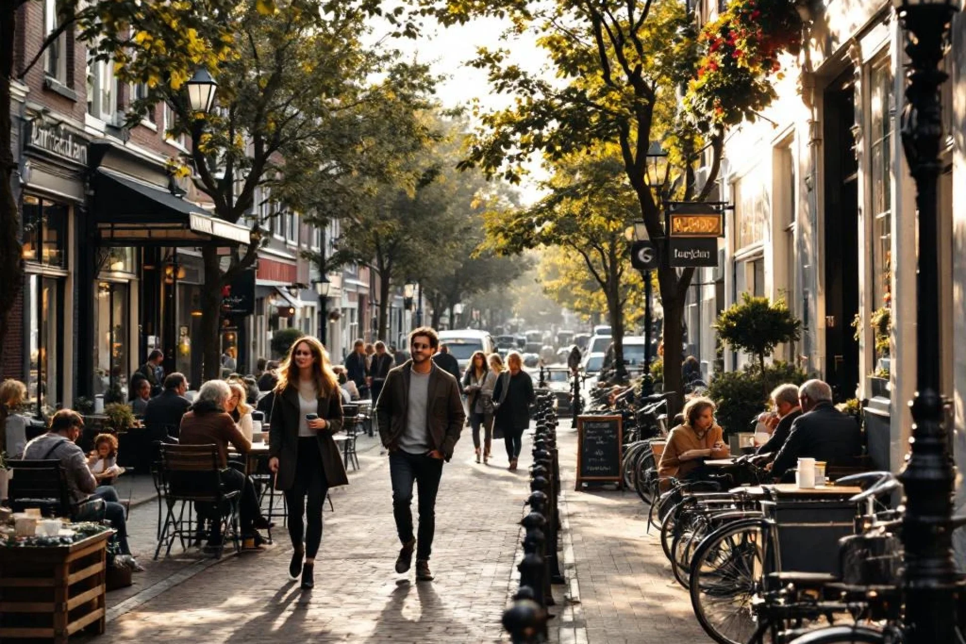 Diverse mensen wandelen, fietsen en ontspannen langs een drukke Amsterdamse gracht met traditionele bakstenen gebouwen.