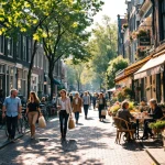 Drukke Amsterdamse grachtenstraat met mensen wandelend, fietsen, café terrassen en traditionele Nederlandse architectuur
