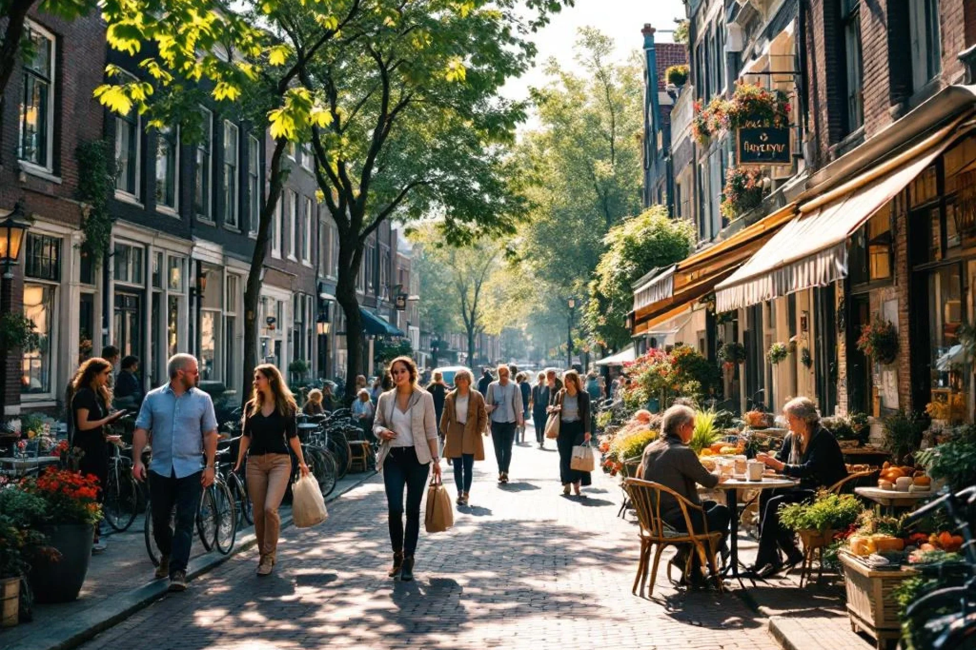Drukke Amsterdamse grachtenstraat met mensen wandelend, fietsen, café terrassen en traditionele Nederlandse architectuur