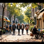 Drukke Nederlandse grachtenstraat met diverse mensen die wandelen, fietsen en ontspannen bij cafés in gouden zonlicht