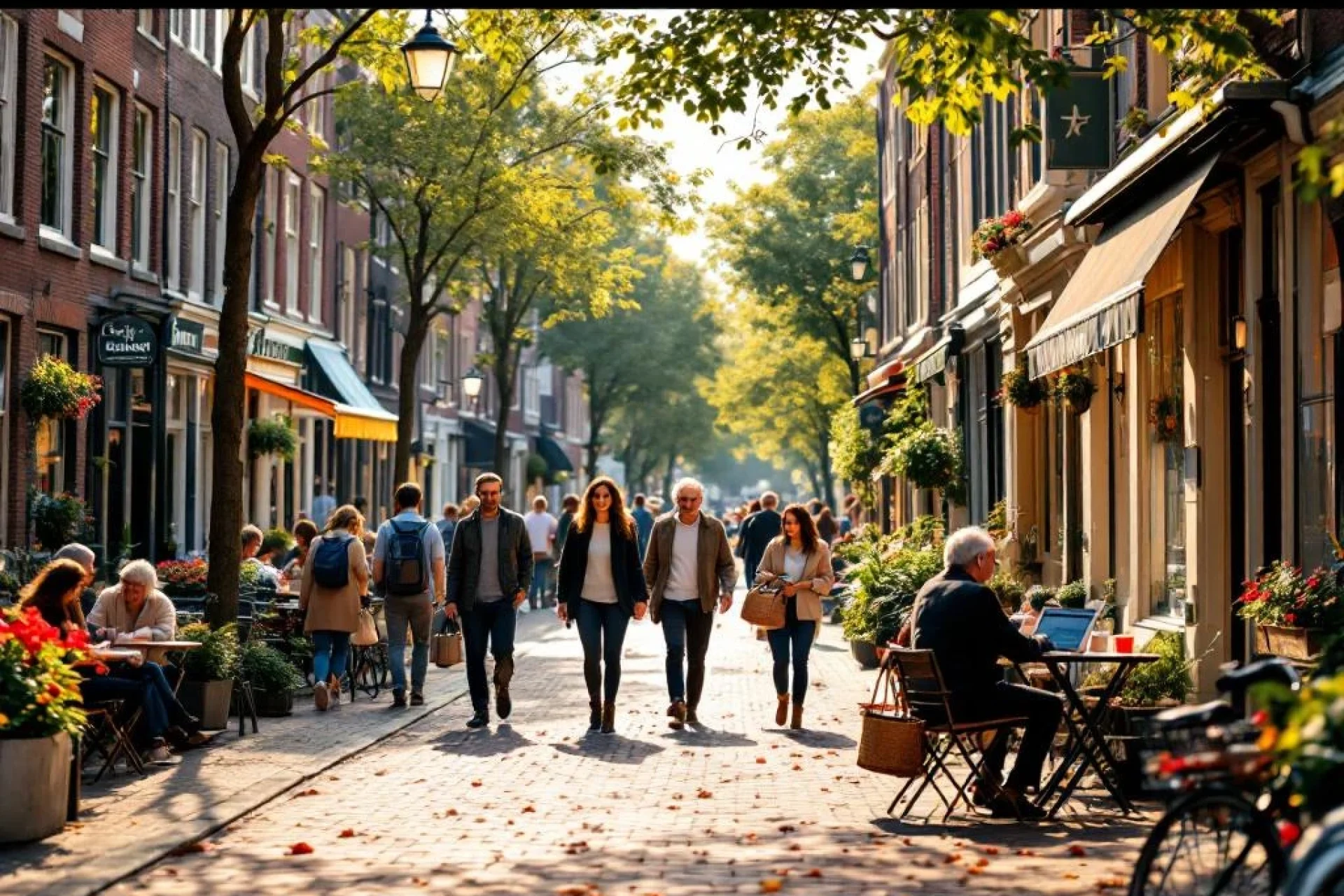 Drukke Nederlandse grachtenstraat met diverse mensen die wandelen, fietsen en ontspannen bij cafés in gouden zonlicht