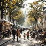 Drukke Amsterdam gracht met diverse mensen wandelend langs historische bakstenen huizen en café terrassen