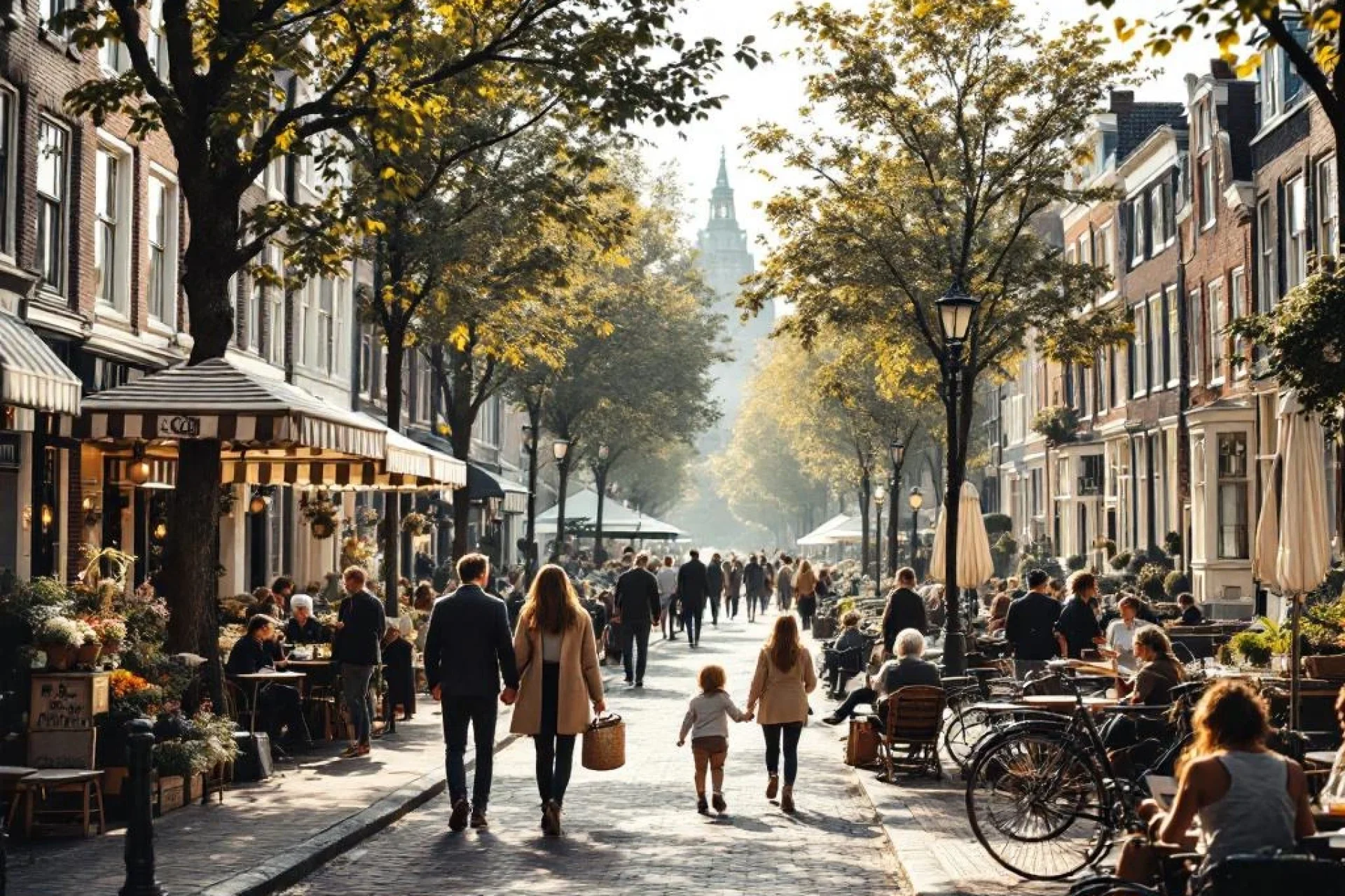 Drukke Amsterdam gracht met diverse mensen wandelend langs historische bakstenen huizen en café terrassen