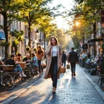 Professionele vrouw belt terwijl ze door drukke Amsterdamse gracht loopt met cafés, fietsers en diverse voetgangers