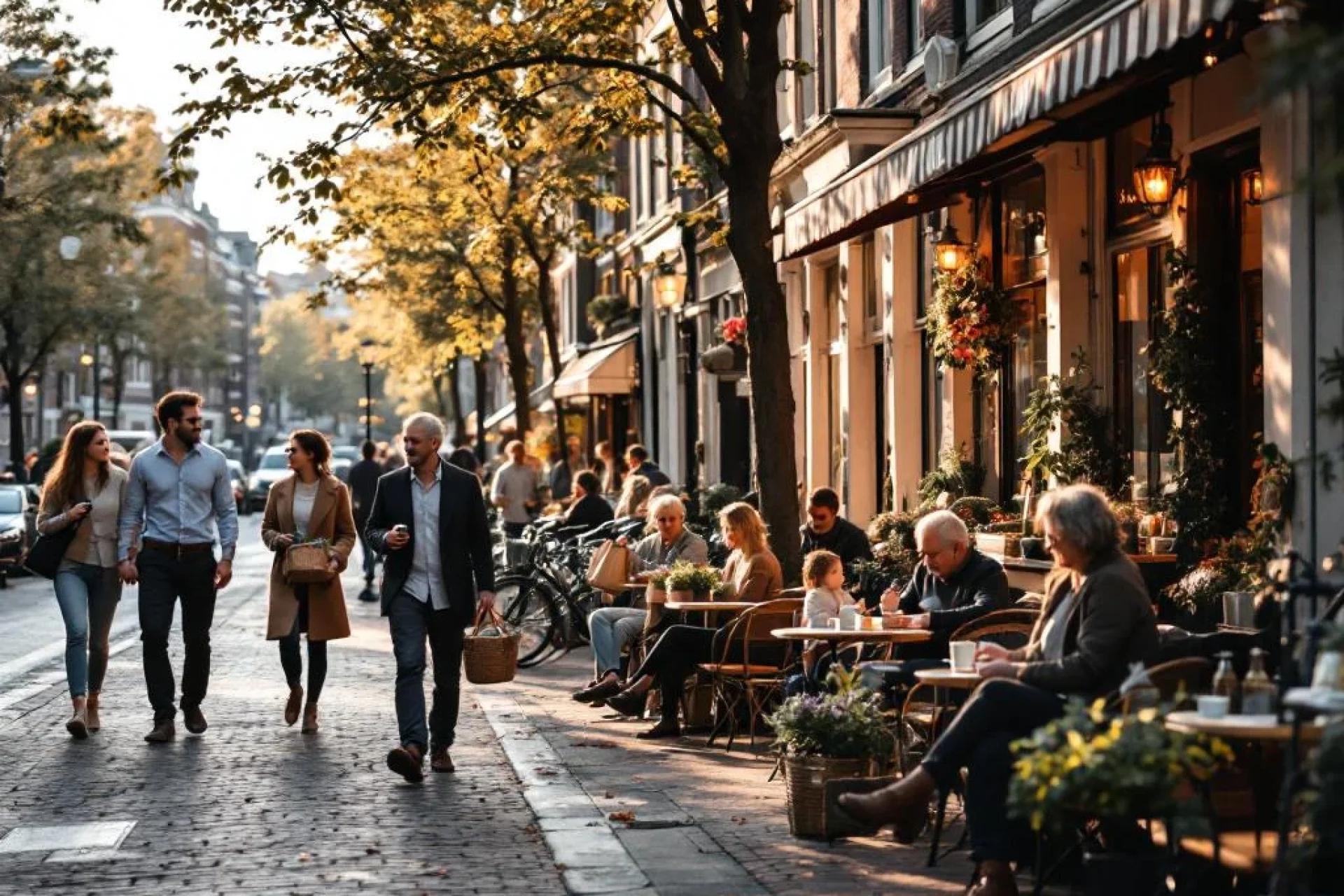 Diverse groep mensen wandelt, fietst en ontspant langs drukke Amsterdam grachtenstraat met traditionele Nederlandse architectuur