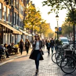 Professionele vrouw belt tijdens wandeling door drukke Amsterdamse gracht met historische gebouwen en fietsers