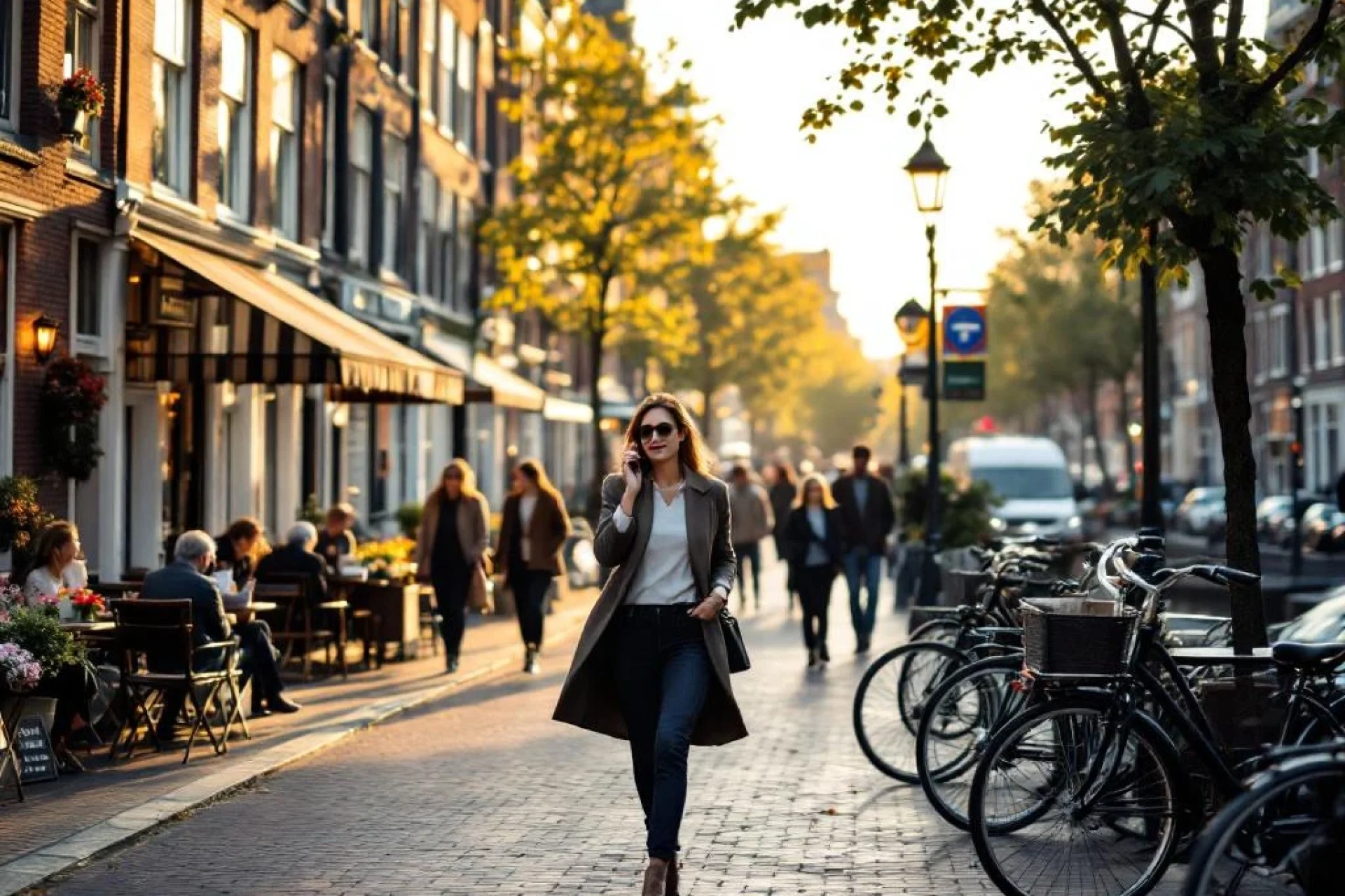 Professionele vrouw belt tijdens wandeling door drukke Amsterdamse gracht met historische gebouwen en fietsers