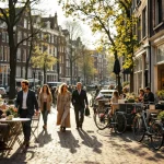 Diverse groep mensen op drukke Amsterdamse gracht met cafés, fietsen en historische Nederlandse bakstenen gebouwen