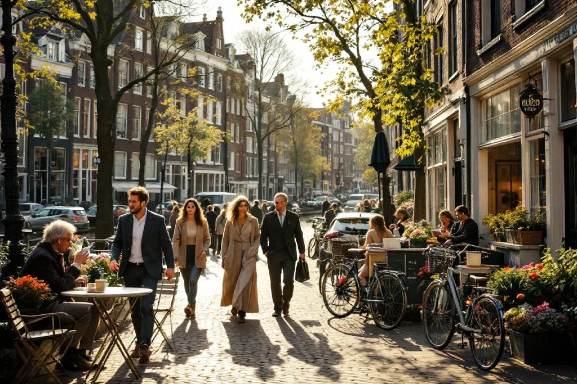 Diverse groep mensen op drukke Amsterdamse gracht met cafés, fietsen en historische Nederlandse bakstenen gebouwen
