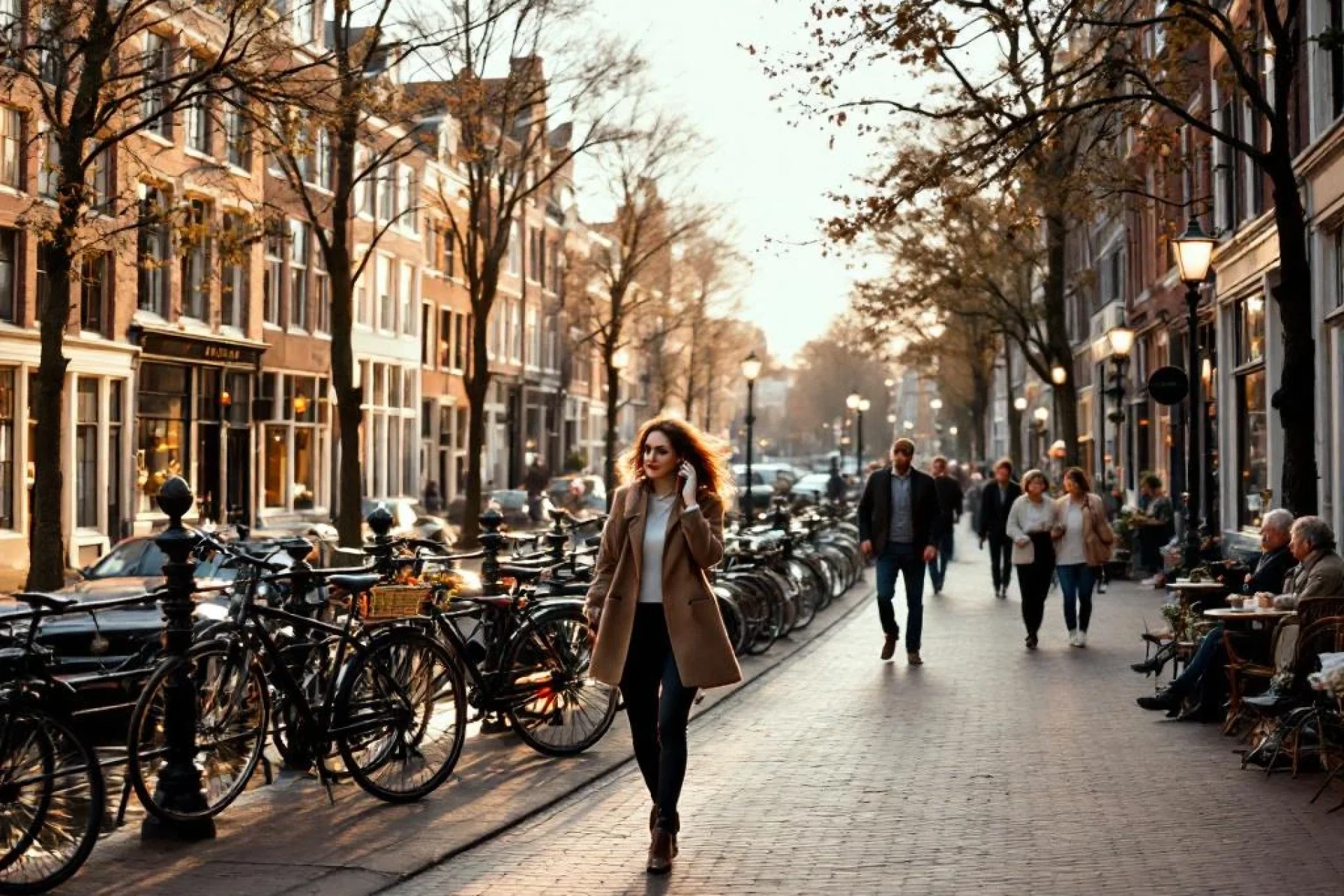 Professionele vrouw belt op telefoon in drukke Amsterdamse gracht met traditionele bakstenen huizen en fietsers.