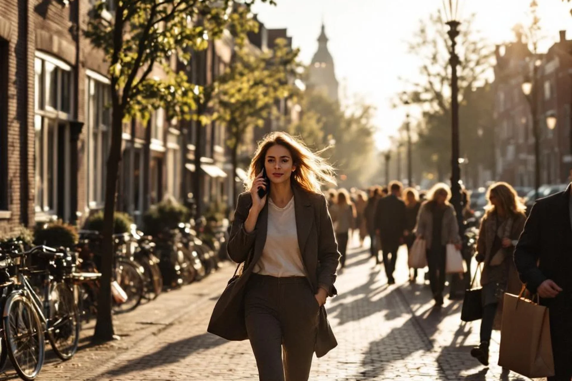 Professionele vrouw belt tijdens wandeling door Amsterdamse gracht met traditionele gevels en fietsen bij zonsondergang.