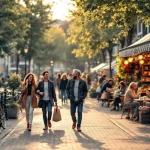 Drukke Amsterdamse gracht met diverse groep mensen wandelend op kinderkopjes tussen historische bakstenen gebouwen