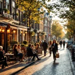 Drukke Amsterdamse gracht met diverse mensen wandelend, fietsen en café-terrassen tussen historische grachtenpanden