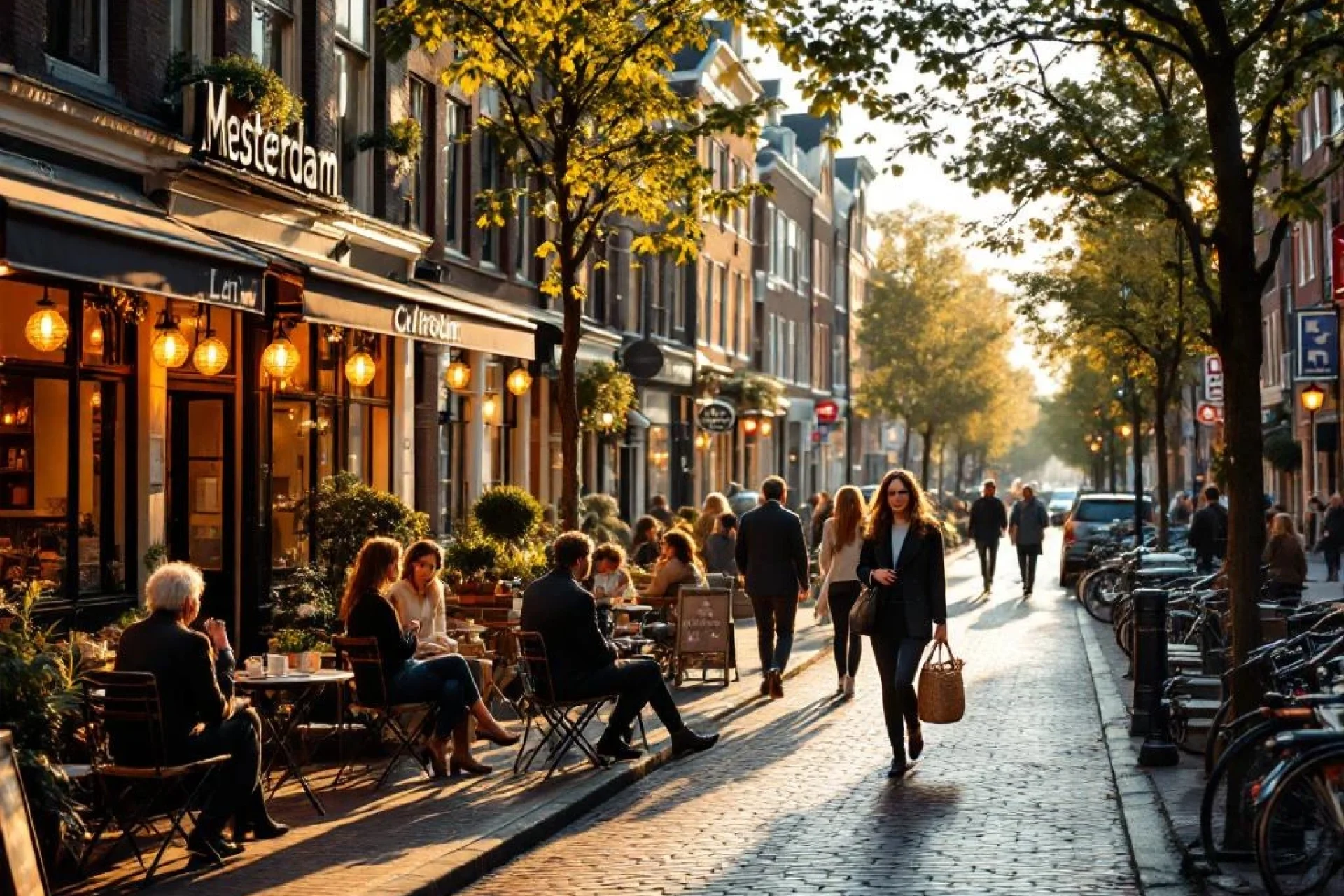 Drukke Amsterdamse gracht met diverse mensen wandelend, fietsen en café-terrassen tussen historische grachtenpanden