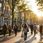 Drukke Nederlandse gracht met diverse mensen die wandelen, fietsen en ontspannen langs historische bakstenen gebouwen