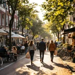 Drukke Amsterdam gracht met mensen wandelend op kinderkopjes, fietsen tegen historische gebouwen, café terrassen