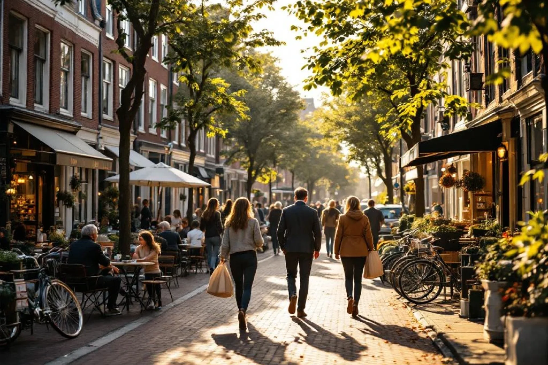 Drukke Amsterdam gracht met mensen wandelend op kinderkopjes, fietsen tegen historische gebouwen, café terrassen