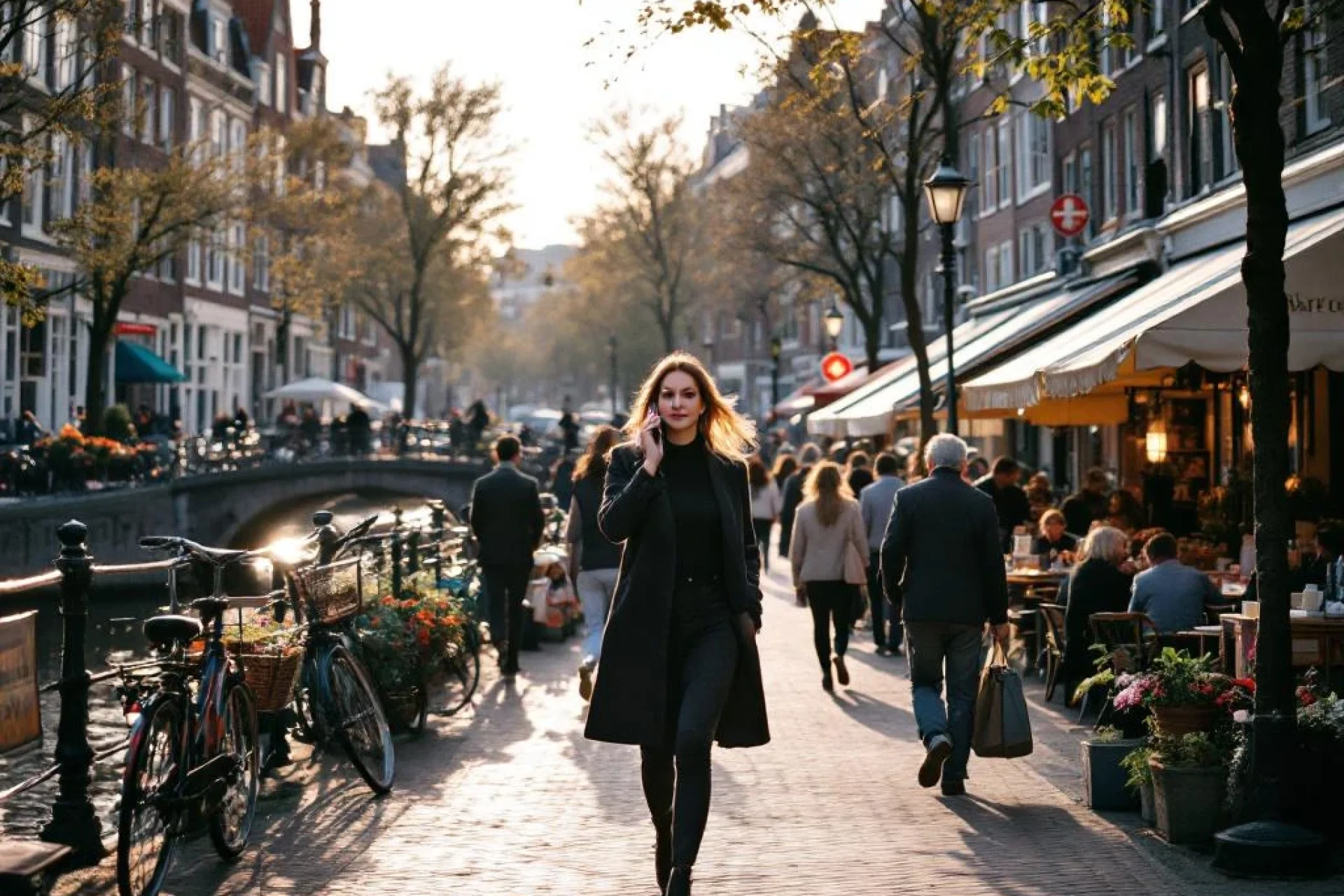 Professionele vrouw belt terwijl ze door drukke Amsterdamse gracht loopt met cafés, markt en fietsers op achtergrond