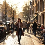Professionele vrouw belt terwijl ze door drukke Amsterdamse gracht loopt met cafés, fietsers en diverse stadsbewoners