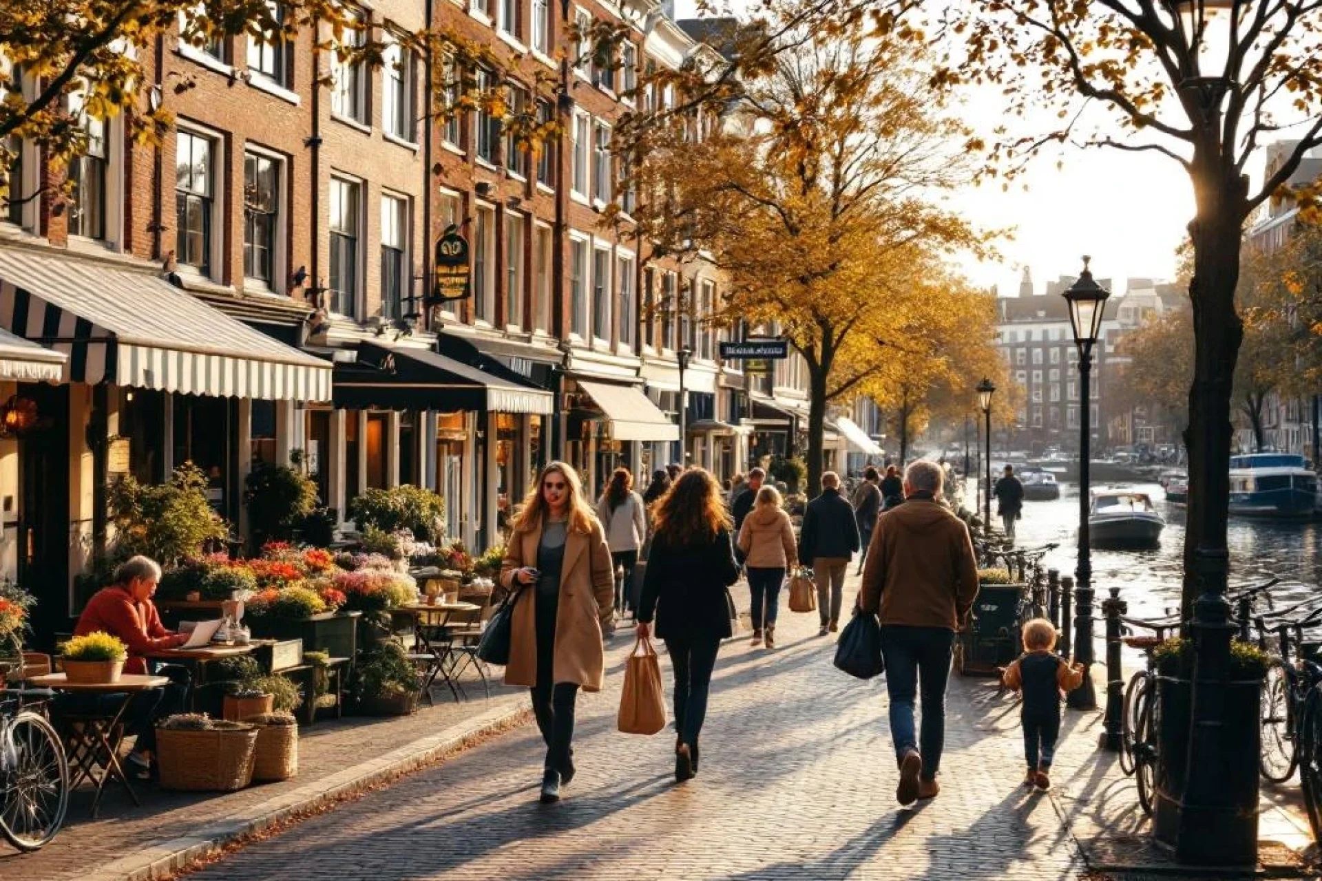 Drukke Amsterdamse gracht met diverse mensen die wandelen, fietsen en terrasjes bezoeken tussen traditionele Nederlandse huizen