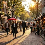 Drukke Amsterdamse gracht met diverse mensen die wandelen, fietsen en terrasjes bezoeken tussen traditionele bakstenen gebouwen.