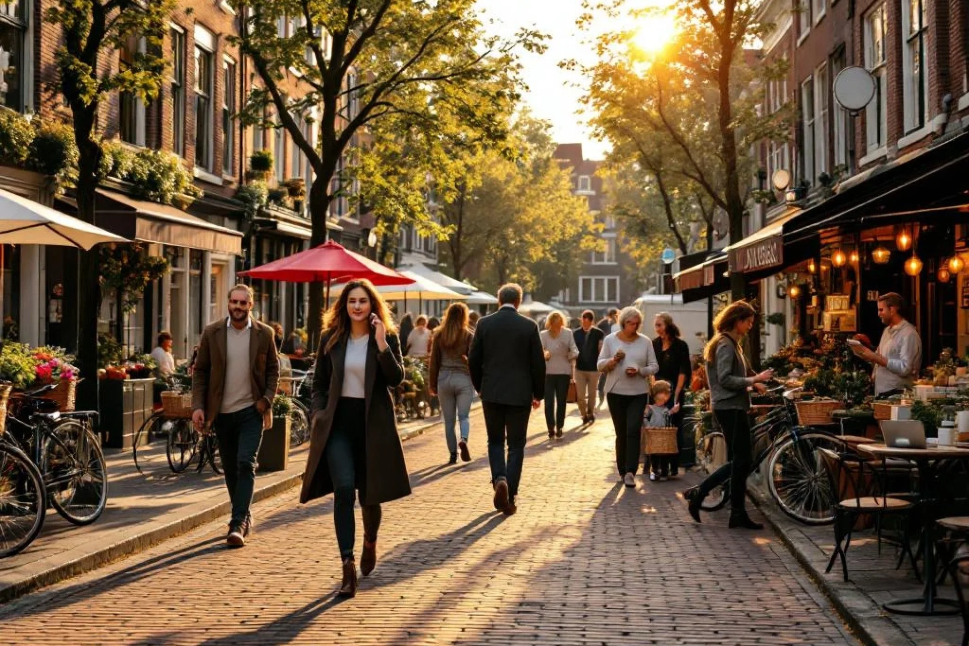 Drukke Amsterdamse gracht met diverse mensen die wandelen, fietsen en terrasjes bezoeken tussen traditionele bakstenen gebouwen.