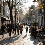 Drukke Nederlandse grachtenstraat met mensen wandelend, fietsen, café bezoekend bij historische Amsterdamse gebouwen