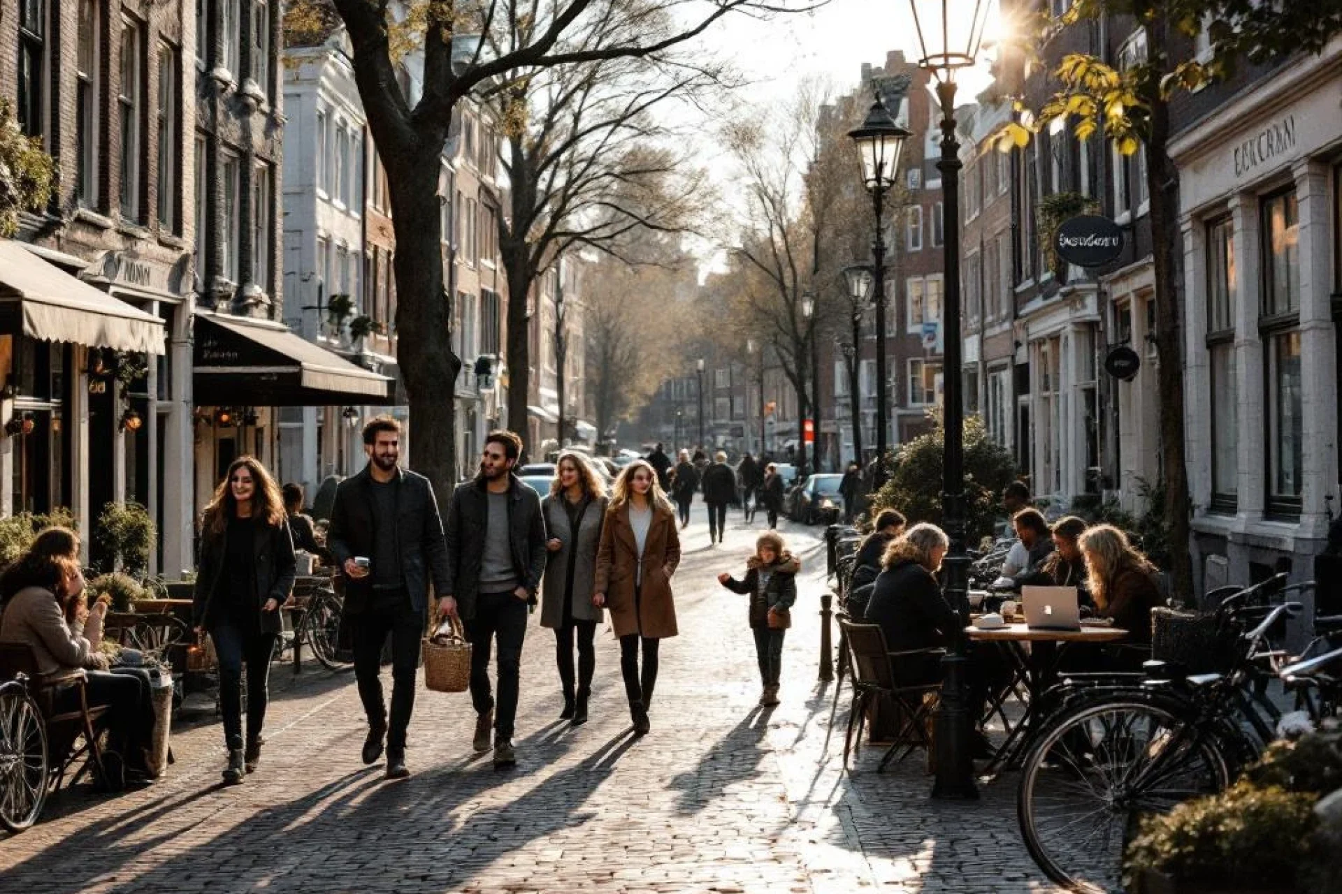 Drukke Nederlandse grachtenstraat met mensen wandelend, fietsen, café bezoekend bij historische Amsterdamse gebouwen