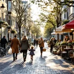 Drukke Amsterdamse gracht met diverse mensen die wandelen, fietsen en koffie drinken tussen traditionele bakstenen huizen