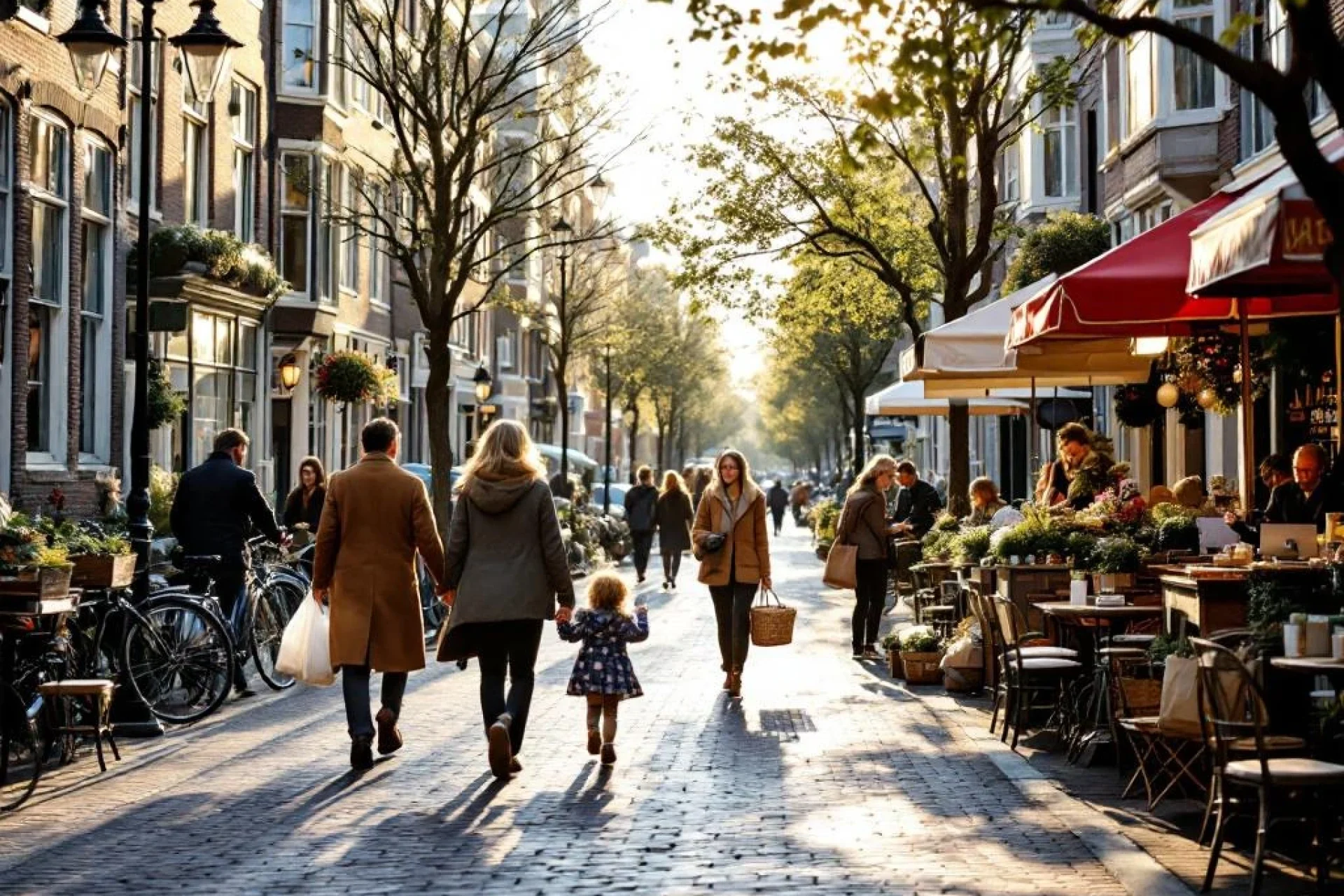 Drukke Amsterdamse gracht met diverse mensen die wandelen, fietsen en koffie drinken tussen traditionele bakstenen huizen