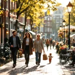 Oudere koppel geniet van koffie aan gracht café terwijl mensen wandelen langs Amsterdamse straat met traditionele bakstenen huizen