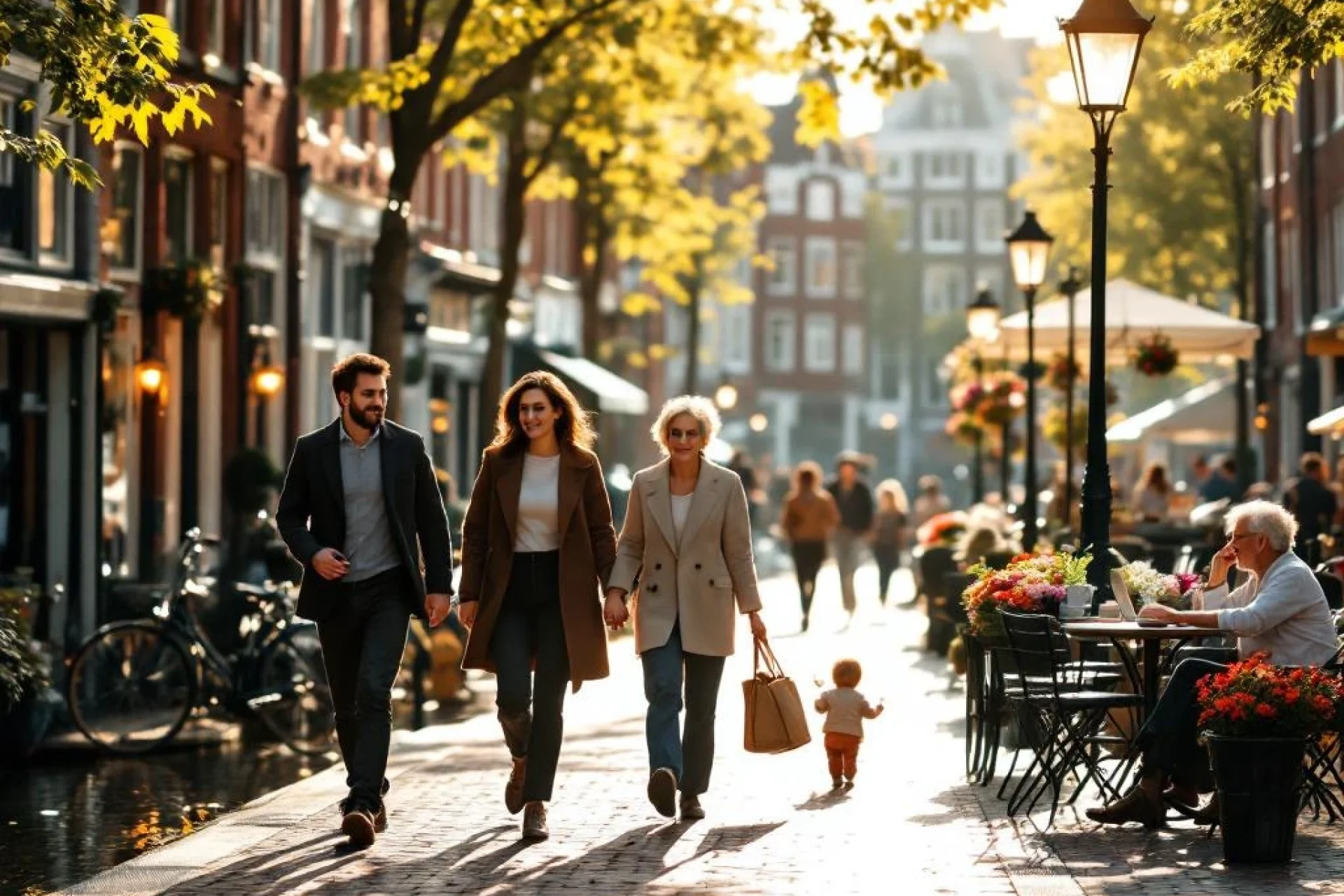 Oudere koppel geniet van koffie aan gracht café terwijl mensen wandelen langs Amsterdamse straat met traditionele bakstenen huizen