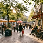 Levendige Nederlandse grachtenstraat met diverse mensen die wandelen, fietsen en ontspannen bij cafés en marktkramen