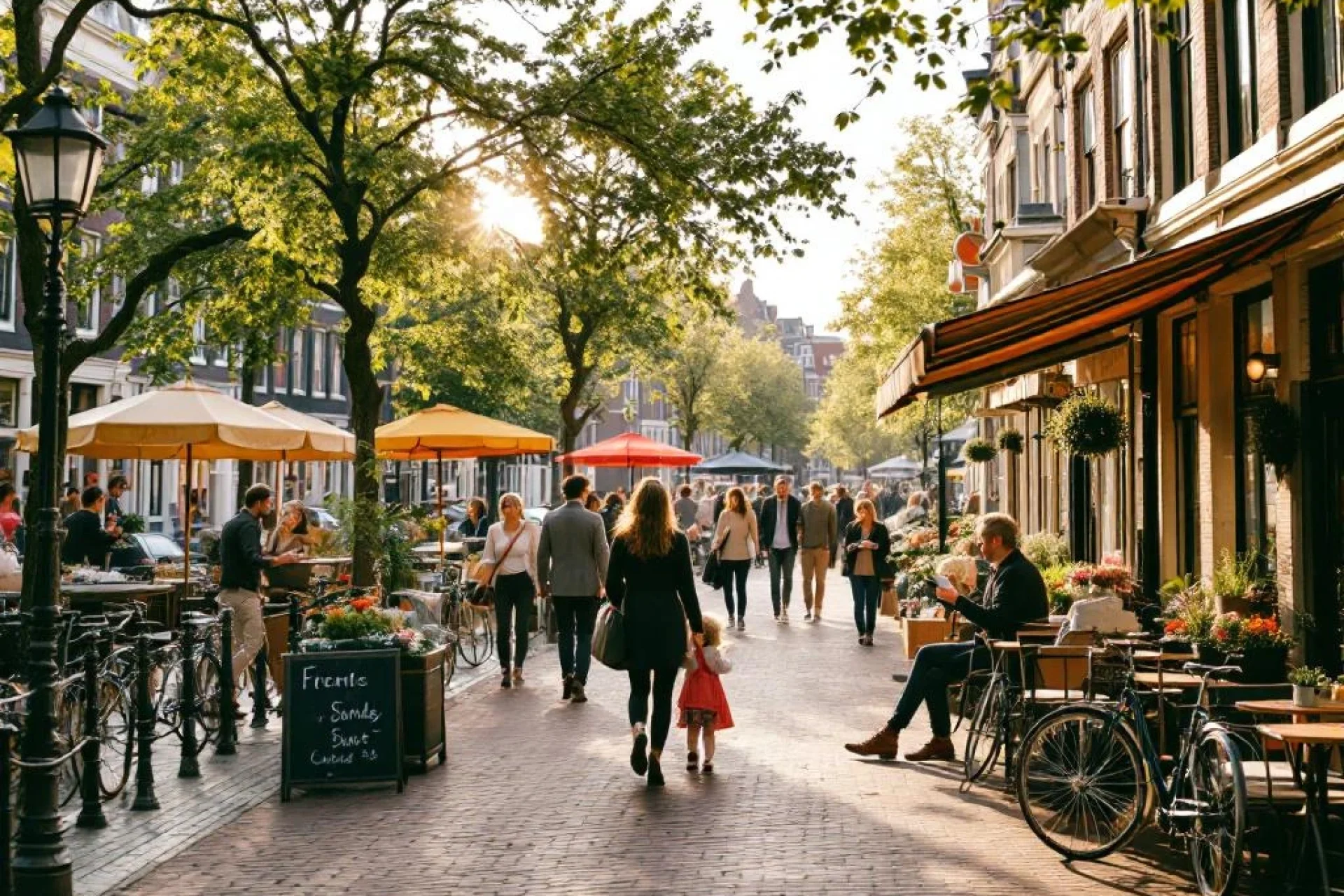 Levendige Nederlandse grachtenstraat met diverse mensen die wandelen, fietsen en ontspannen bij cafés en marktkramen