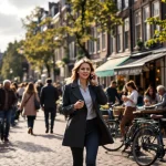 Professionele vrouw belt tijdens wandeling door drukke Amsterdamse gracht met cafés, fietsers en historische gebouwen