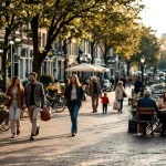 Drukke Amsterdam gracht met diverse groep mensen wandelend, zittend in cafés en winkelend op kinderkopjes bij zonsondergang