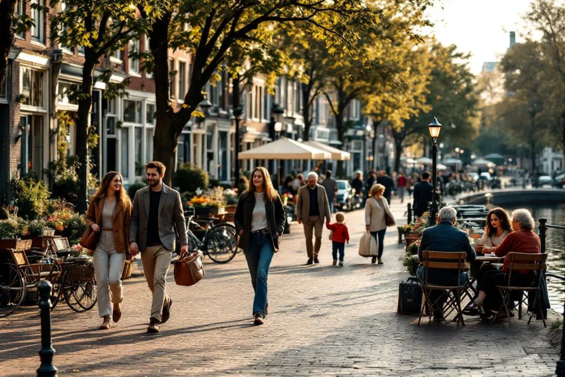Drukke Amsterdam gracht met diverse groep mensen wandelend, zittend in cafés en winkelend op kinderkopjes bij zonsondergang