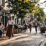 Diverse groep mensen wandelt, winkelt en ontspant langs historische Nederlandse gracht met traditionele huizen en fietsen