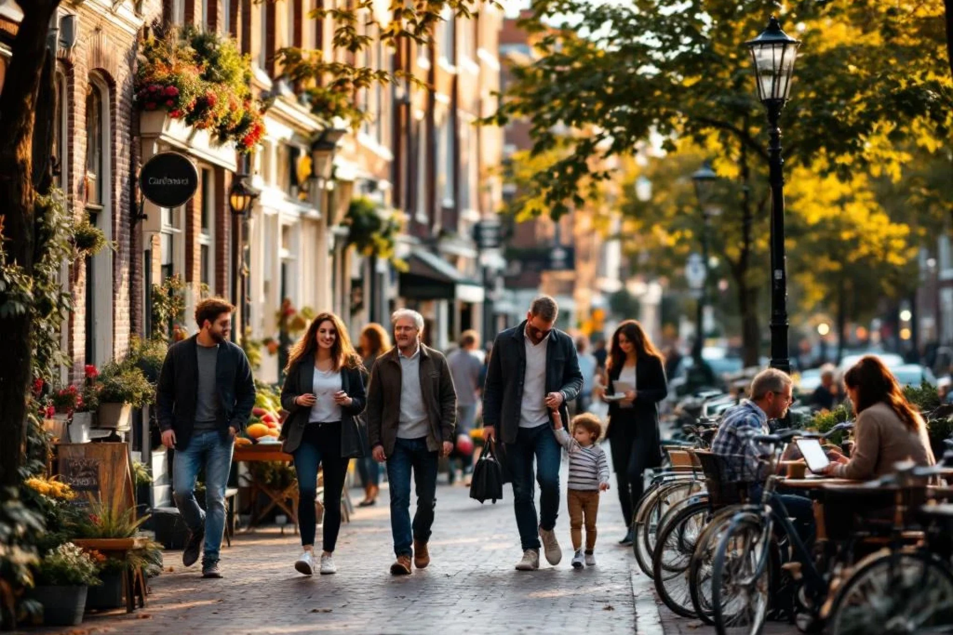Drukke Amsterdam gracht met mensen wandelen, fietsen en terrassen langs historische Nederlandse gebouwen