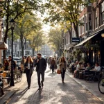 Drukke Amsterdam gracht met diverse groep mensen wandelend op kinderkopjes tussen traditionele Nederlandse bakstenen gebouwen