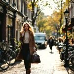 Professionele vrouw belt terwijl ze door Amsterdamse gracht loopt langs traditionele bakstenen gebouwen en fietsen.