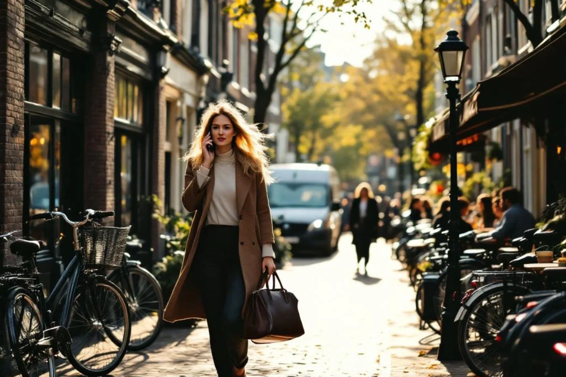 Professionele vrouw belt terwijl ze door Amsterdamse gracht loopt langs traditionele bakstenen gebouwen en fietsen.