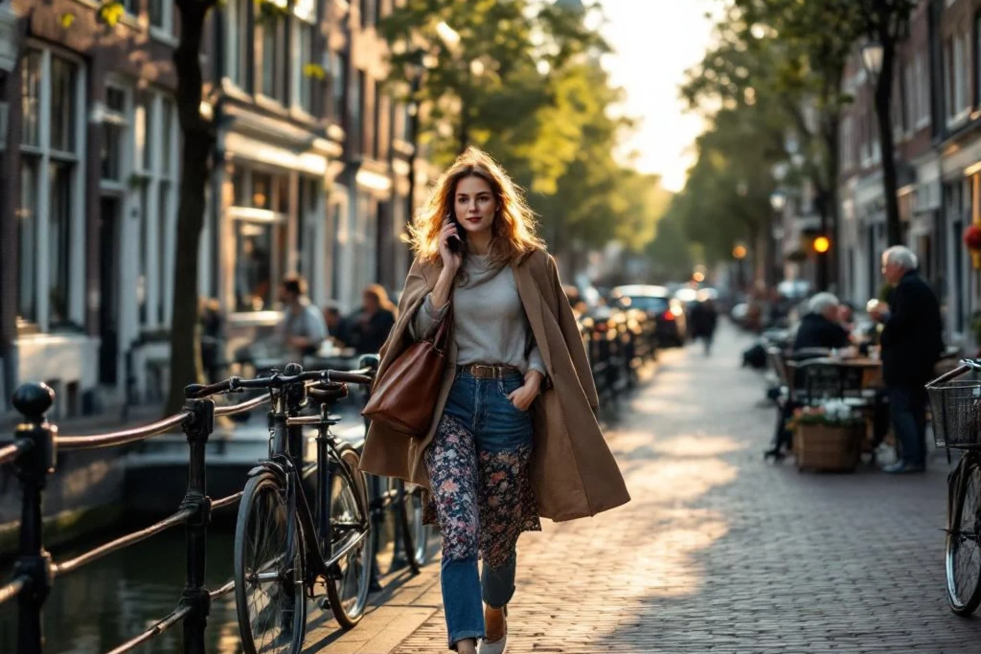 Jonge professionele vrouw belt terwijl ze langs Amsterdamse gracht loopt, traditionele Nederlandse architectuur op achtergrond