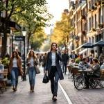 Professionele vrouw belt terwijl ze door drukke Amsterdamse gracht loopt met cafés, fietsers en historische gebouwen